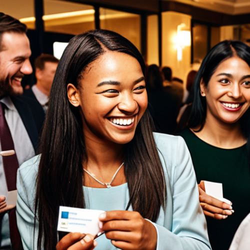 Home 20 **
A person enthusiastically attending a networking event, surrounded by diverse professionals exchanging business cards and engaging in lively conversations. The atmosphere is energetic and optimistic, conveying the importance of building connections. Focus on warm lighting and genuine smiles.
**