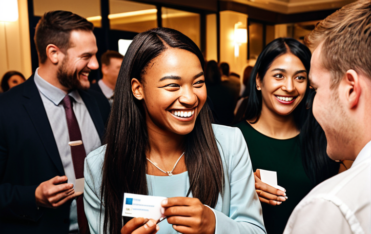 **
A person enthusiastically attending a networking event, surrounded by diverse professionals exchanging business cards and engaging in lively conversations. The atmosphere is energetic and optimistic, conveying the importance of building connections. Focus on warm lighting and genuine smiles.
**