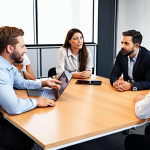 **Open Communication:** A diverse group of colleagues gathered informally in a modern office space, sharing ideas and providing feedback during a "Coffee with the CEO" session. Focus on the expressions of trust, collaboration, and active listening.