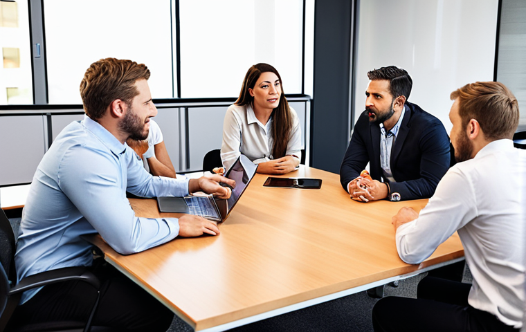 **Open Communication:** A diverse group of colleagues gathered informally in a modern office space, sharing ideas and providing feedback during a "Coffee with the CEO" session. Focus on the expressions of trust, collaboration, and active listening.