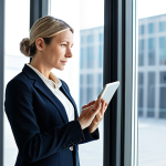 A professional businesswoman, mid-30s, in a modest, modern business suit, thoughtfully engaging with a digital tablet displaying customer data insights. She stands in a contemporary, brightly lit office space with collaborative design elements and natural light streaming through large windows. The overall atmosphere is one of focused innovation and client understanding. Perfect anatomy, correct proportions, natural pose, well-formed hands, proper finger count, natural body proportions. High-resolution, professional photography, clean aesthetic, fully clothed, appropriate attire, modest clothing, safe for work, appropriate content, professional.
