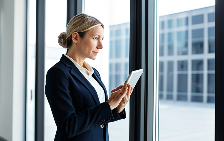 A professional businesswoman, mid-30s, in a modest, modern business suit, thoughtfully engaging with a digital tablet displaying customer data insights. She stands in a contemporary, brightly lit office space with collaborative design elements and natural light streaming through large windows. The overall atmosphere is one of focused innovation and client understanding. Perfect anatomy, correct proportions, natural pose, well-formed hands, proper finger count, natural body proportions. High-resolution, professional photography, clean aesthetic, fully clothed, appropriate attire, modest clothing, safe for work, appropriate content, professional.