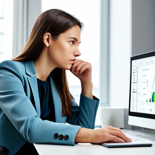 Home 9 A focused professional woman in a modest business blazer and trousers, seated at a modern collaborative desk, actively listening while looking at a data visualization on a screen, representing customer feedback. The office is bright with natural light and minimalist design. The scene emphasizes deep thought and analytical processing of information. Fully clothed, appropriate attire, professional dress, safe for work, appropriate content, professional, perfect anatomy, correct proportions, natural pose, well-formed hands, proper finger count, natural body proportions, high-quality photograph.