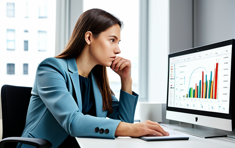 A focused professional woman in a modest business blazer and trousers, seated at a modern collaborative desk, actively listening while looking at a data visualization on a screen, representing customer feedback. The office is bright with natural light and minimalist design. The scene emphasizes deep thought and analytical processing of information. Fully clothed, appropriate attire, professional dress, safe for work, appropriate content, professional, perfect anatomy, correct proportions, natural pose, well-formed hands, proper finger count, natural body proportions, high-quality photograph.